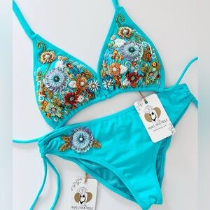 NWT Aqua Chic Artisanal Sequin Colombian Bikini Set Beaded Swimwear Swimsuit